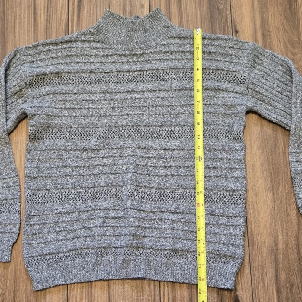 Womens Mock Neck Sweater M‎ Knit Striped Openwork Long Sleeve Gray (982) - Picture 4 of 8